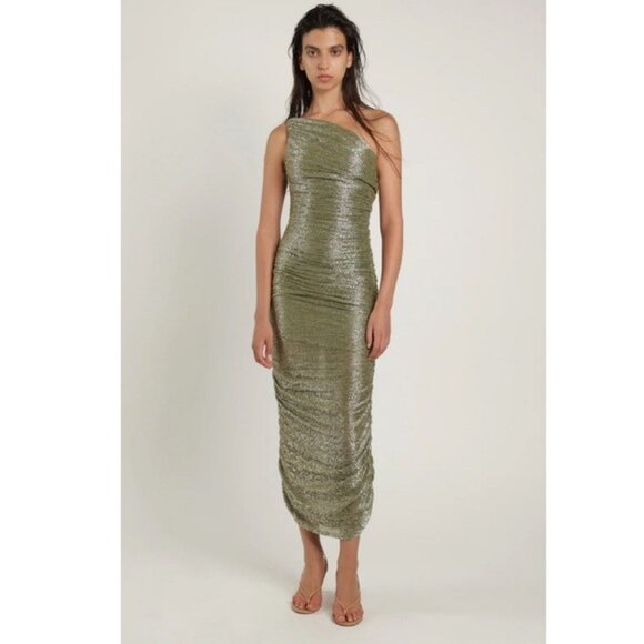 Sabina Musayev Melissa Green Metallic Ruched One Shoulder Maxi Dress